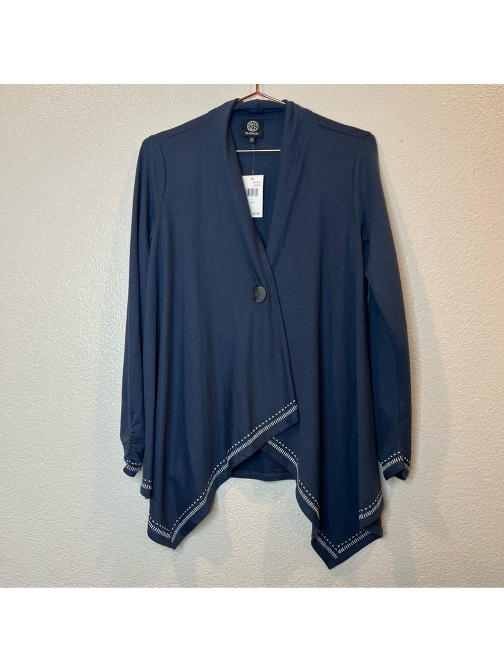 Bobeau one button stripe print trim top cardigan navy blue